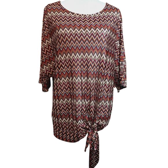 WORTHINGTON Chevron Zig Zag Top Blouse Large Brown Tones Neutral Artsy Career - Picture 1 of 10